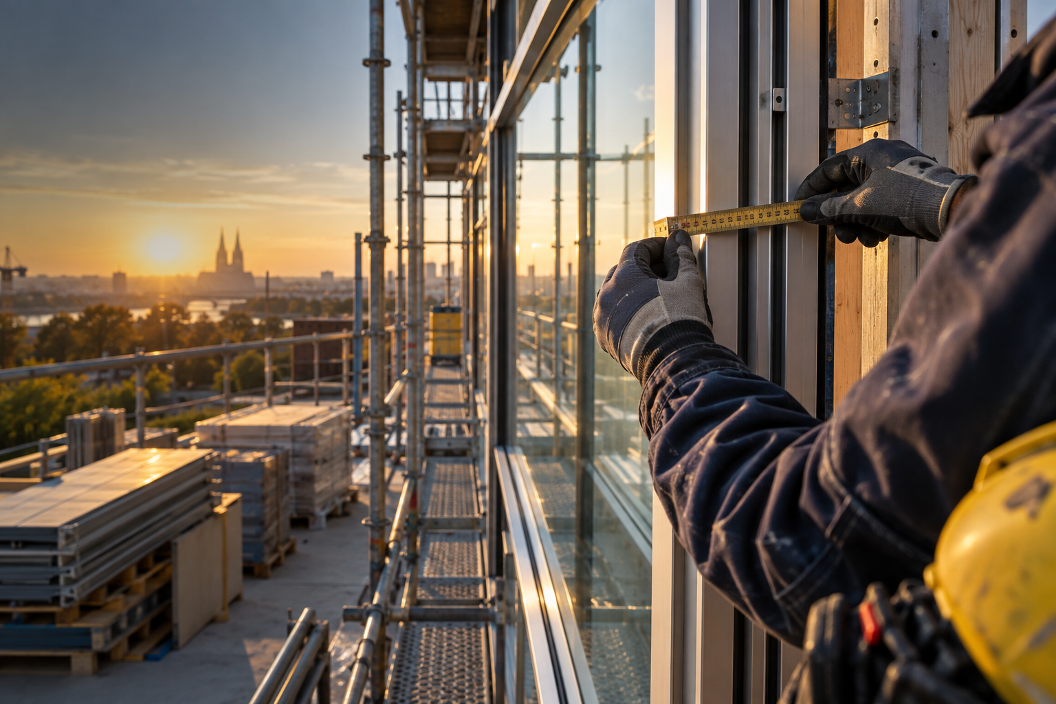Monteur mit Smartphone auf der Baustelle
